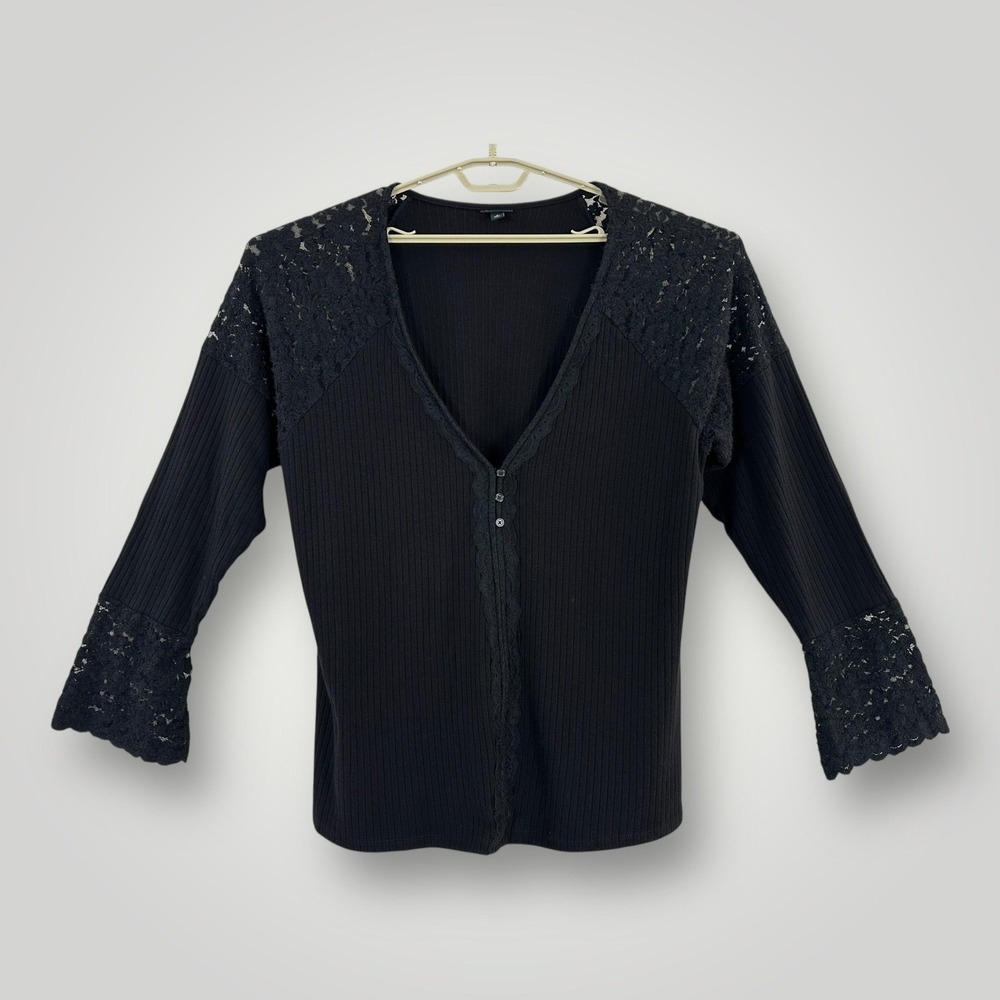 Torrid Sweater Womens 3 3X Black Lace Bell Sleeve V Neck Ribbed Stretch Top Plus